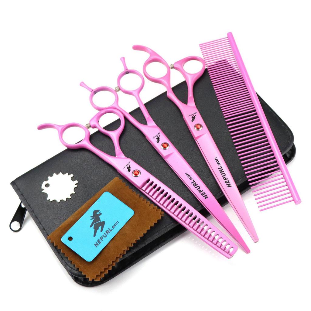 8" Napsen Pink Spray-Painted 3-Piece Pet Grooming Scissors: Straight Shears Set with Grooming Comb