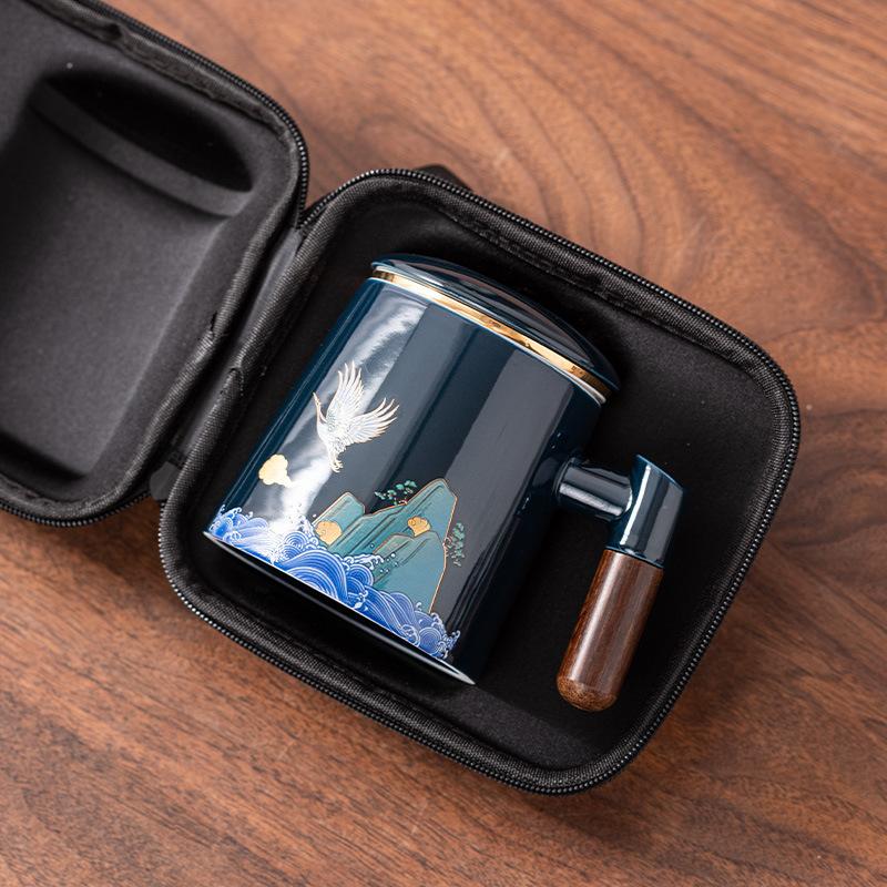 Ceramic tea cup with lid tea separation cup filter water cup creative wooden handle cup office cup gift cup Guochao