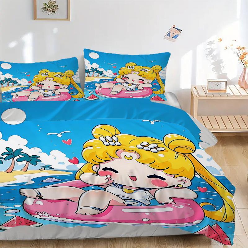 3pcs Happy Sailor Moon Printed Bedding Set, Soft and Comfortable Quilt Cover for Bedroom, Guest Room (1 Duvet Cover + 2 Pillowcases, Pillow