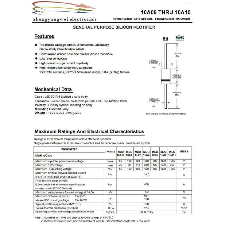 20pcs/lot 6A10 10A10 20A10 30A10 10A20 Rectifier Diode 6A 10A 20A 30A 1000V 2000V R-6