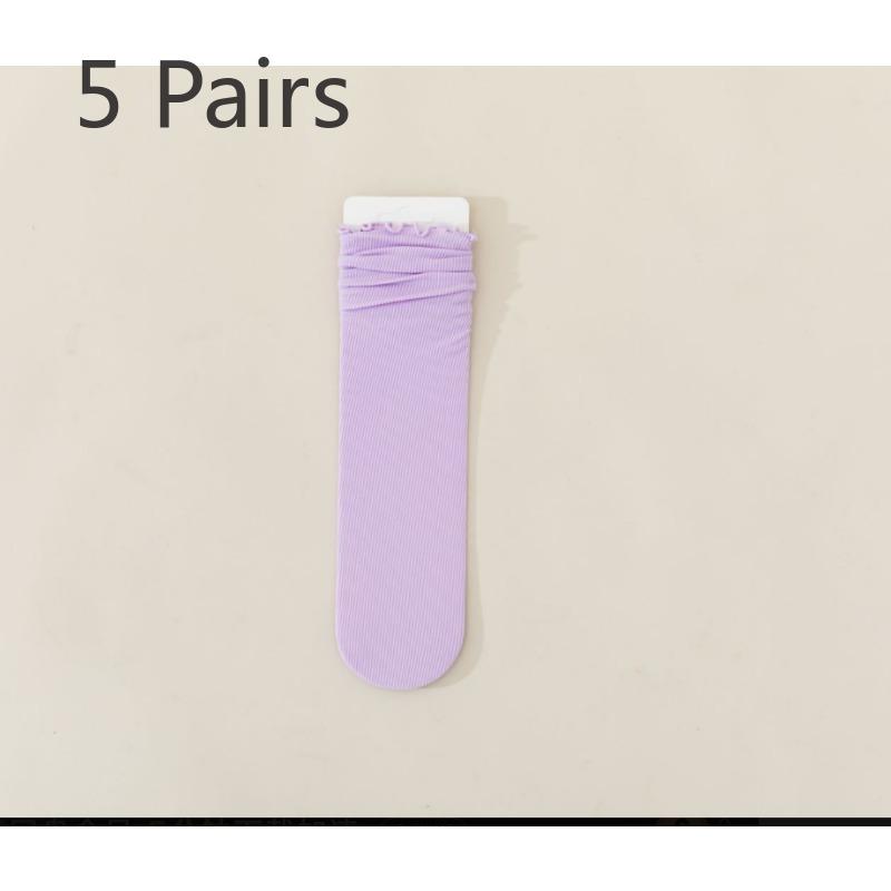 5 pairs of socks women's summer thin mid-calf black and white wooden ear edge solid colour ice ice socks velvet stacking socks