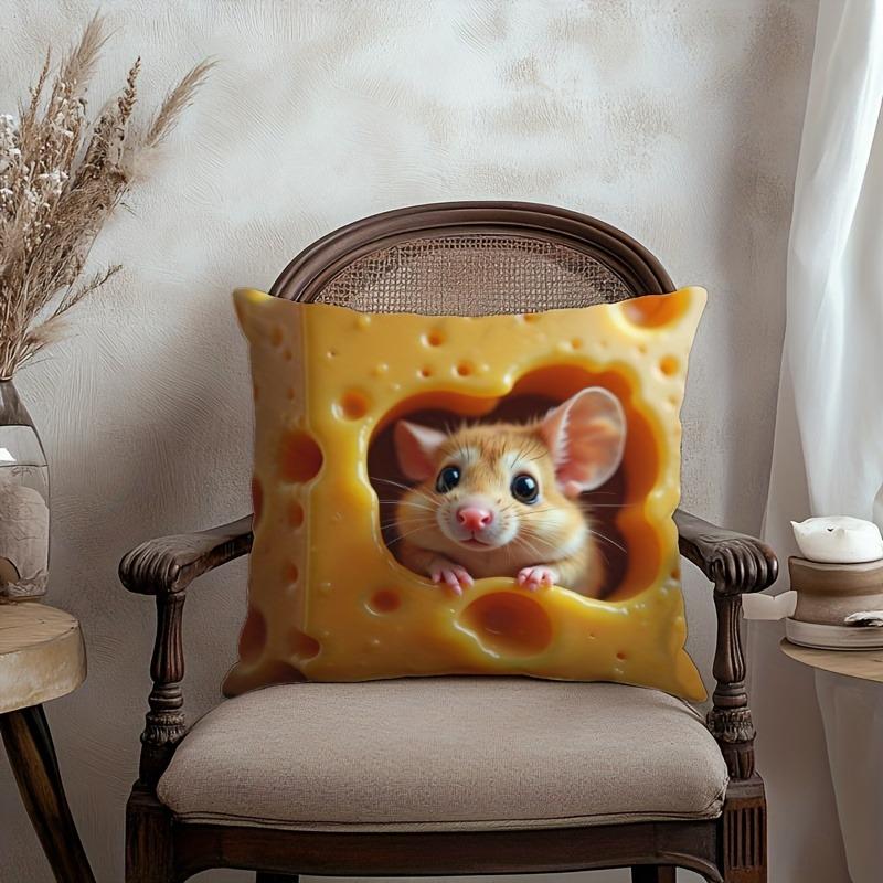 Süßes Maus-im-Käse-Kissen: Verleihen Sie Ihrem Zuhause eine skurrile Note! Sofakissenbezug, Heimzimmer-Schlafsaaldekoration, 2D-Druck