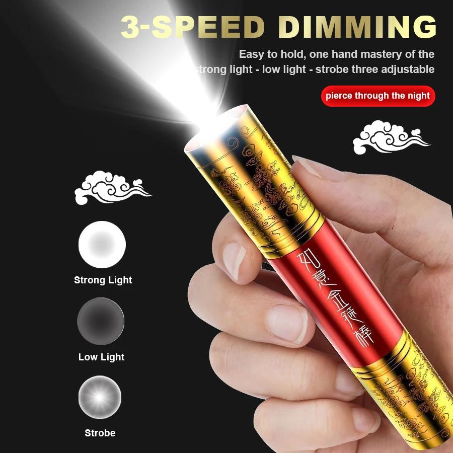 Portable LED Flashlight Monkey King Carving dragon golden Cudgel Stick Torch Flashlight Outdoor Emergency Light Create design