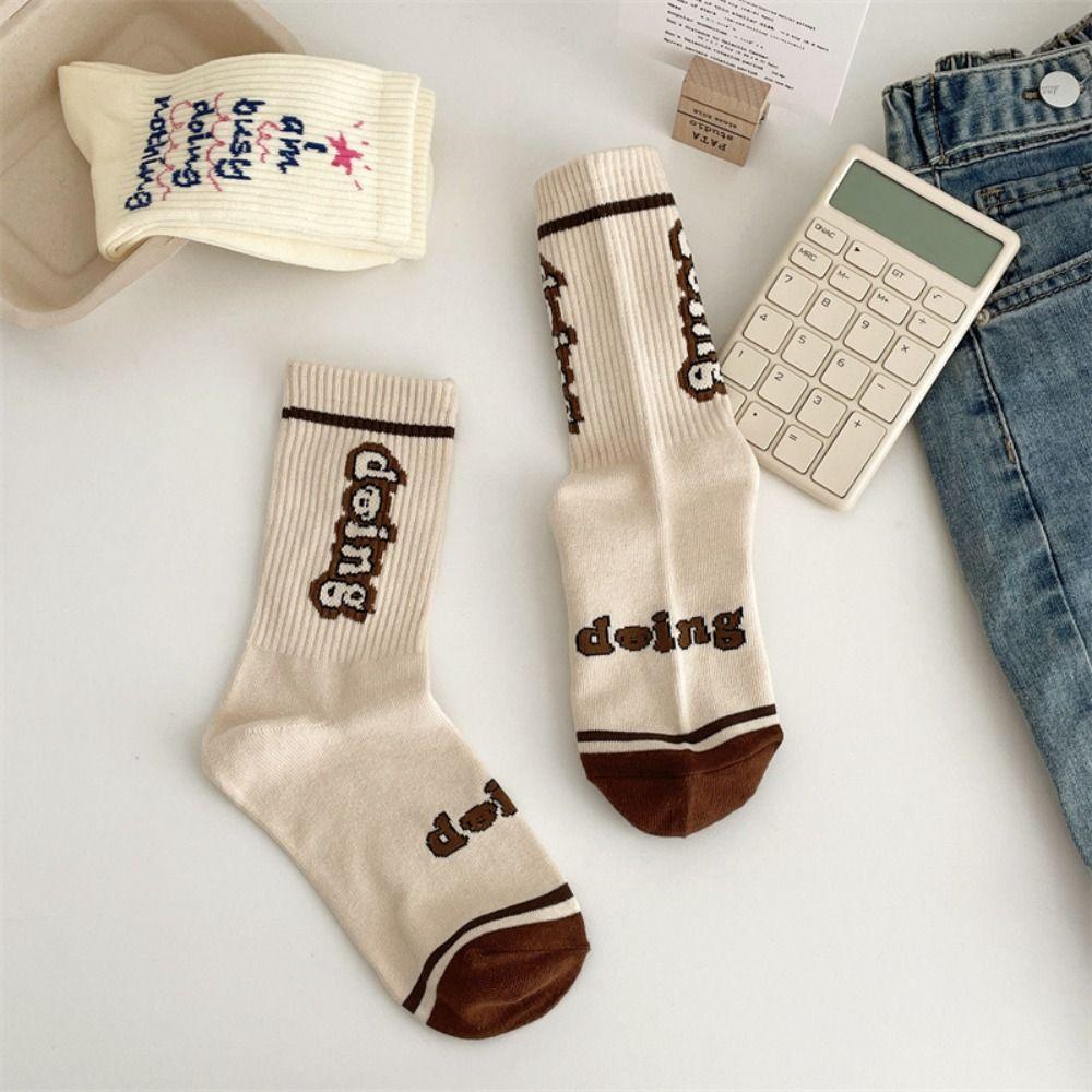 4Pairs Mid Tube Letter Printed Socks Kawaii Socks Women Casual Retro Lattice Socks  Girl
