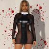 Autumn 2023 European & American Women's Mesh Spliced PU Leather Dress