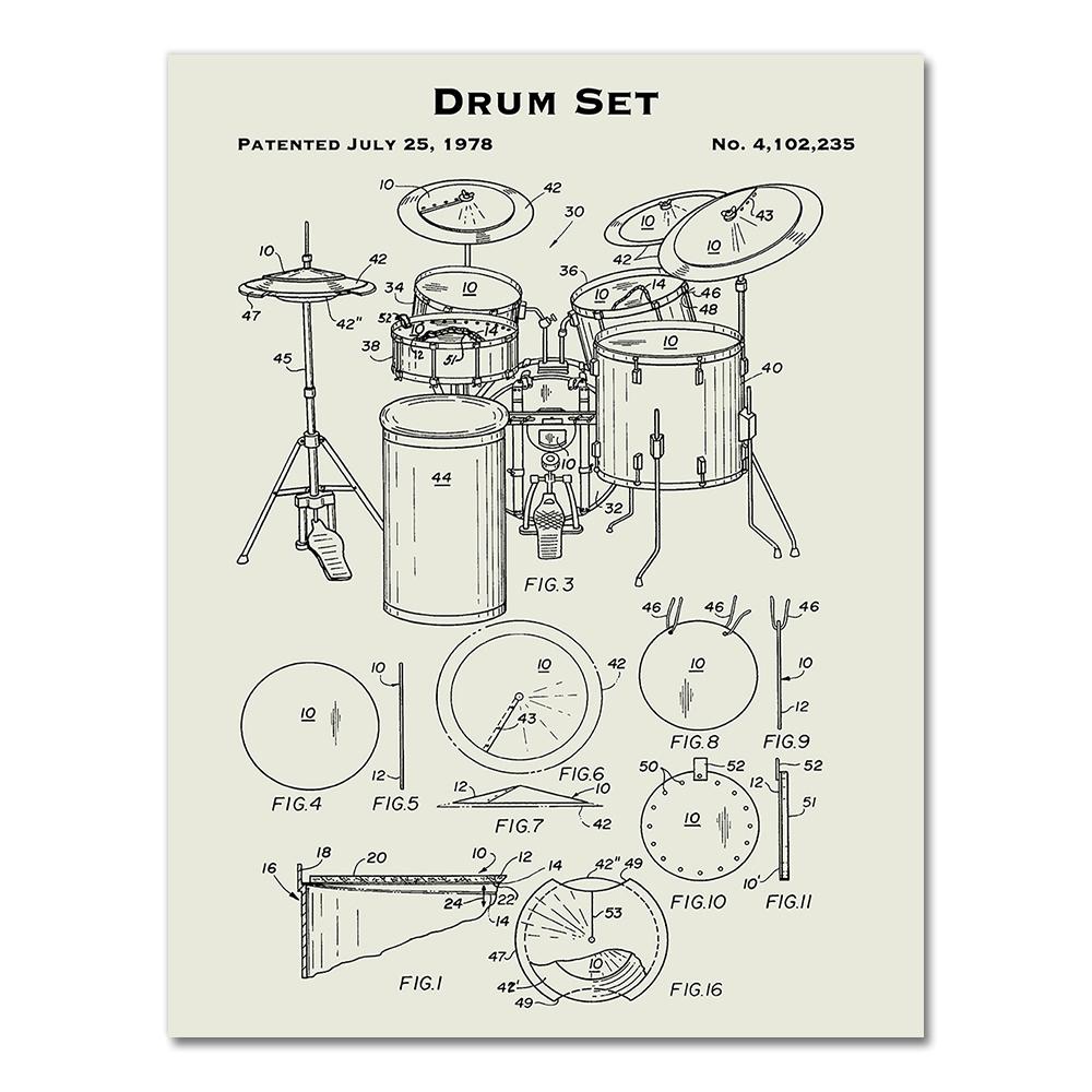 Music Instruments Patent Print Vintage Poster Drum Blueprint Retro Wall Art Canvas Painting Drummer Gift Music Studio Decor