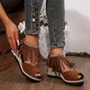 Women's Rhinestone-Embellished Wedge Sandals with Tassel Detail - Open-Toe Platform Heel, Faux Cover Upper & Sole, Thick Cushioned Sole