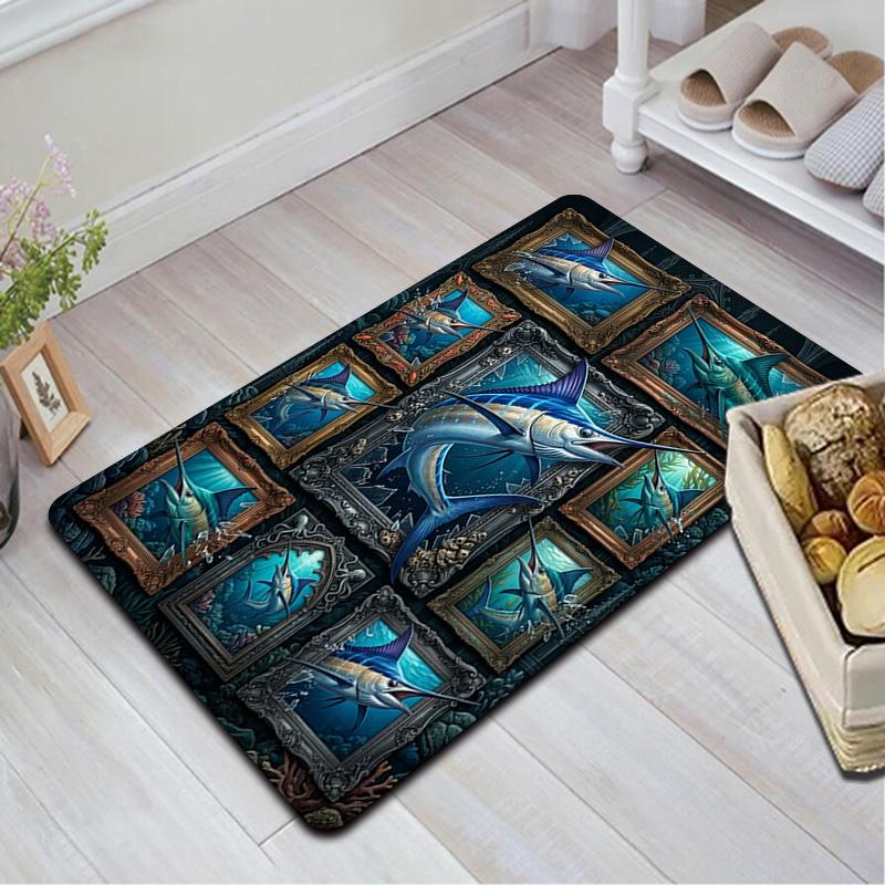 Marlin Fish Art Collection Pattern Rug Floor Mat for Living Room or Bedroom Soft and Comfortable Carpet a Gift for Birthday and Holiday.