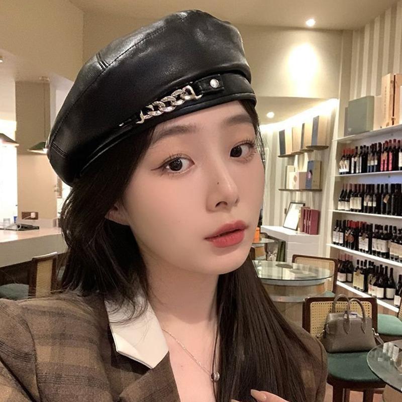 Korean Metal Chain Pu Leather Beret For Women Retro Solid Color Plain Color Octagonal Cap Girls Spring Autumn Flat Top Artist Painter Hat