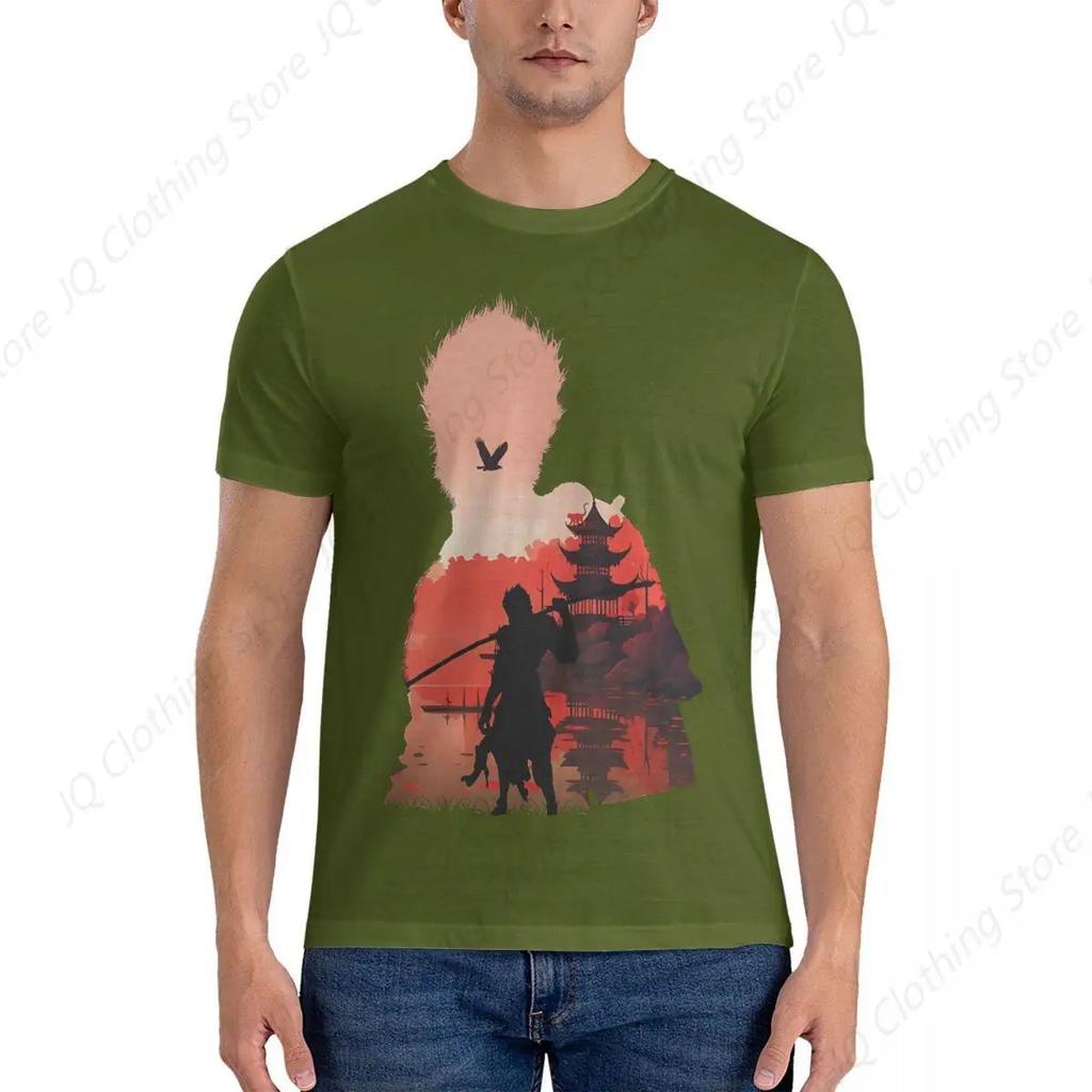 Men Negative Illusion Photographic Print T Shirts Black Myth Wukong Pure Cotton Clothing Cool Short Sleeve Round Neck