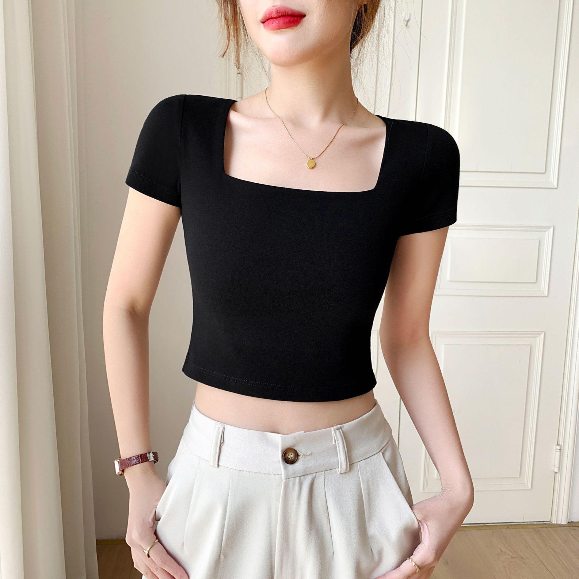 

Women s Black Ribbed Square Neck Short Sleeve Crop Top - 2025 Spring/Summer Style S [Recommended below 90 lbs] чёрный