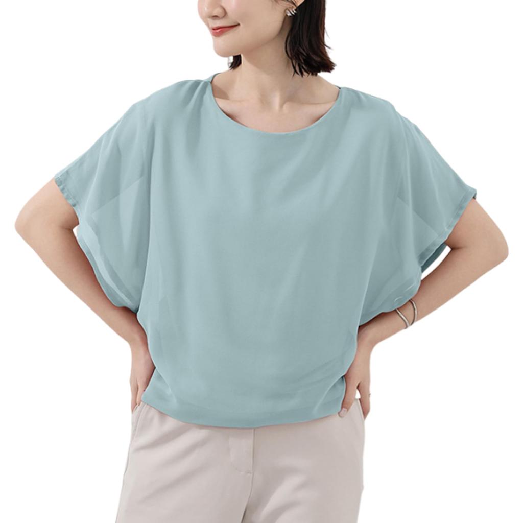 WoauNuiHll Short Sleeve Chiffon with Dolman Voluminous Solid Loose Perfect for and Fall Women's T-Shirt Sleeves, Lined, U-Neck, Slimming, Sleeves,