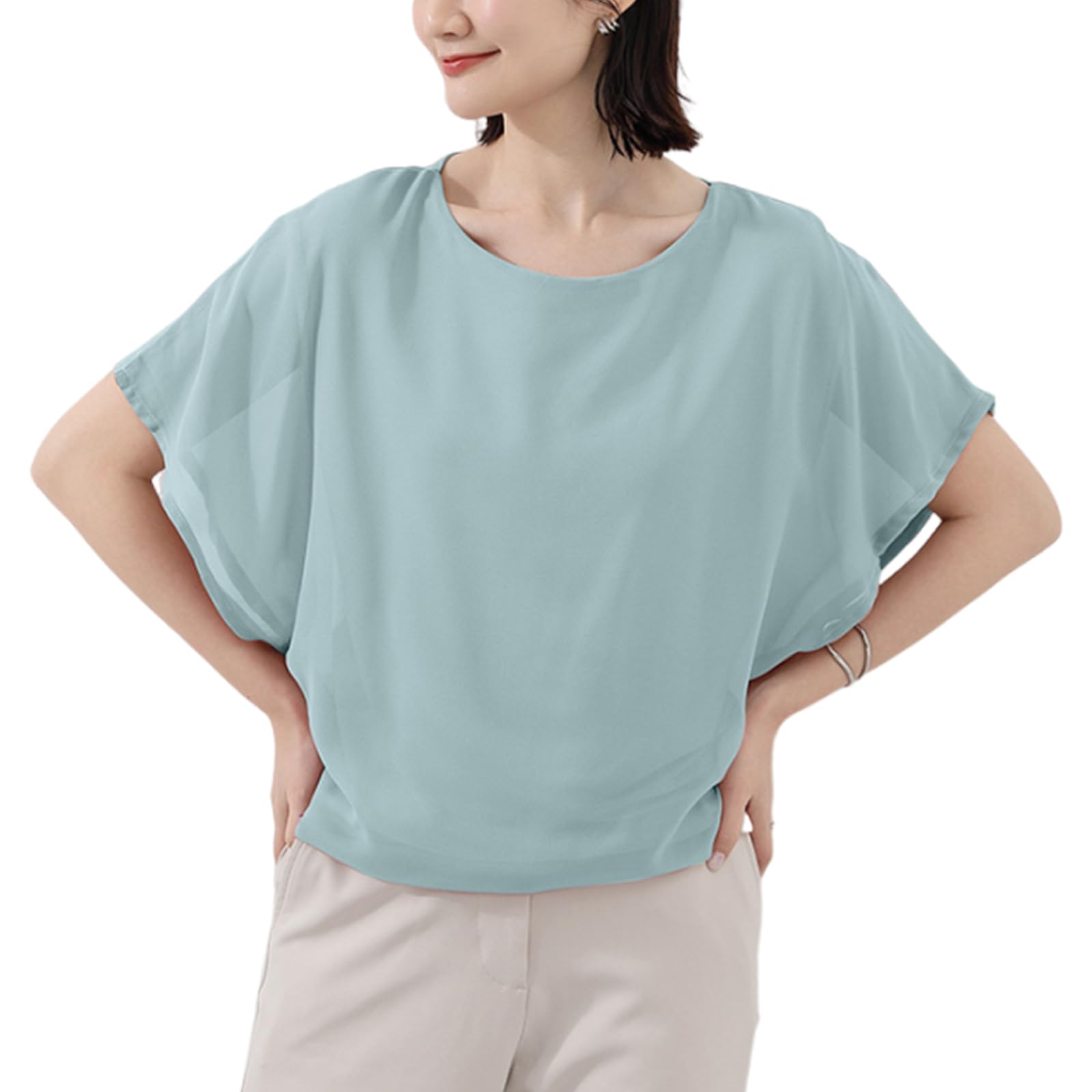 

WoauNuiHll Short Sleeve Chiffon with Dolman Voluminous Solid Loose Perfect for and Fall Women s T-Shirt Sleeves, Lined, U-Neck, Slimming, Sleeves, синий