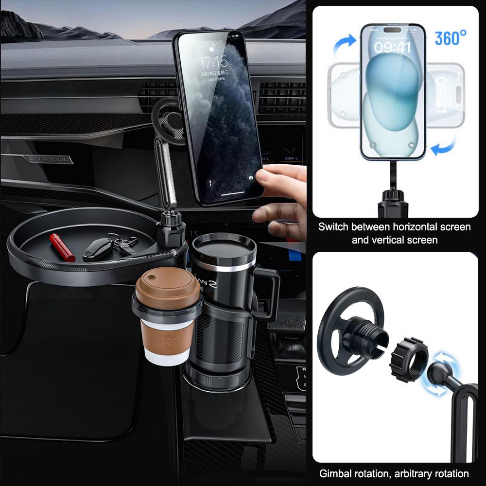 2025 New 4-in-1 Adjustable Cup Holder Mount with Table Tray, 360° Magnetic Phone Holder for Car/Truck Auto Interior Accessories