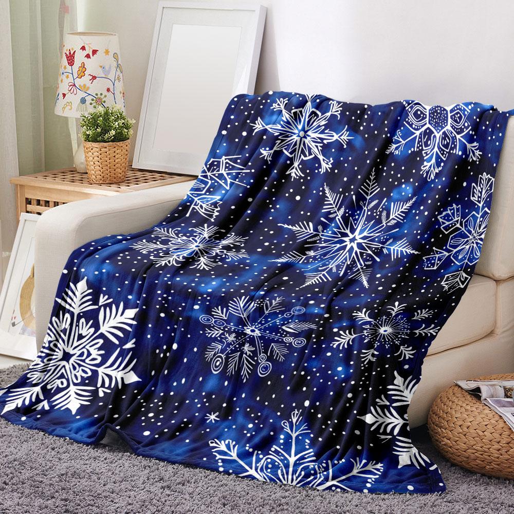 Winter Snowflake Blanket - Dark Blue Background with Intricate White Snowflakes & Whimsical Dots, Soft Cosy Printed Throw for