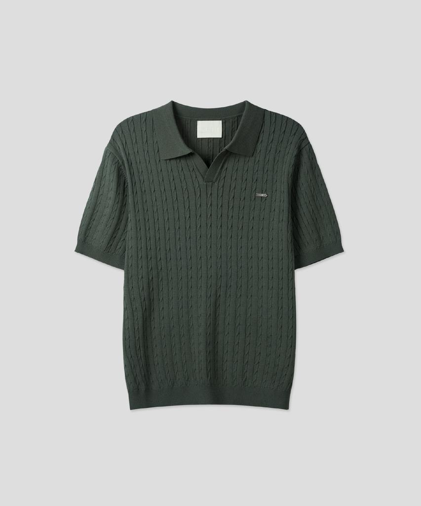 Ssei Essential Cable Open Collar Short Sleeve Knit Khaki