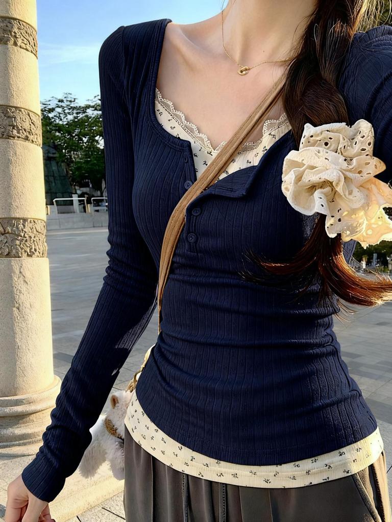European & Southeast Asian Lace Slim-Fit Floral Long-Sleeve T-shirt