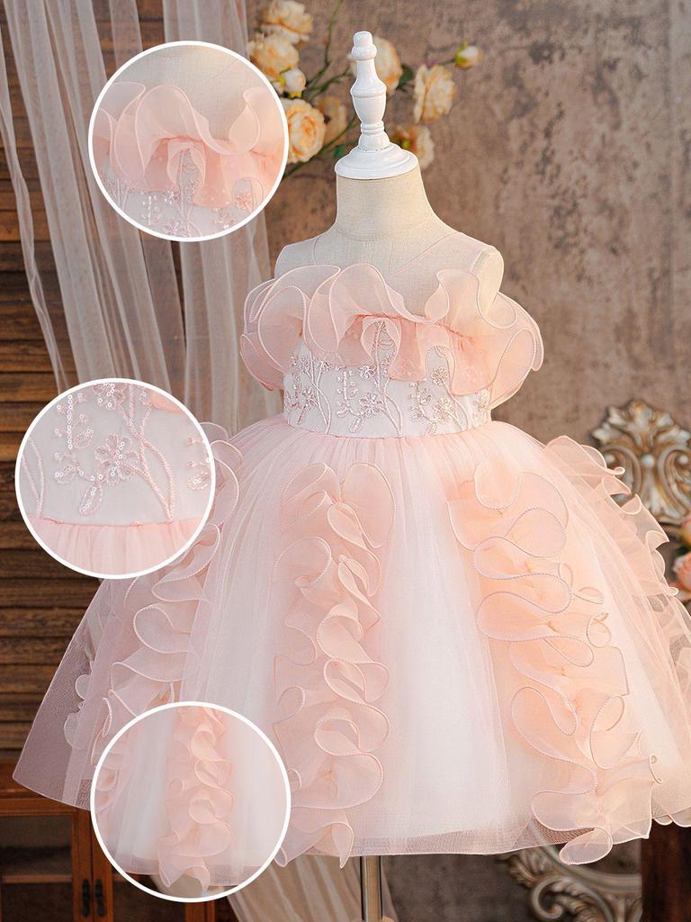 Girls' Ruffled Mesh Princess Dress for Holidays and Piano Performances