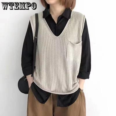 Frühlings- und Herbst Damen Einfarbig V-Ausschnitt Künstlerisch Gestrickte Weste Übergröße Pulloverweste
