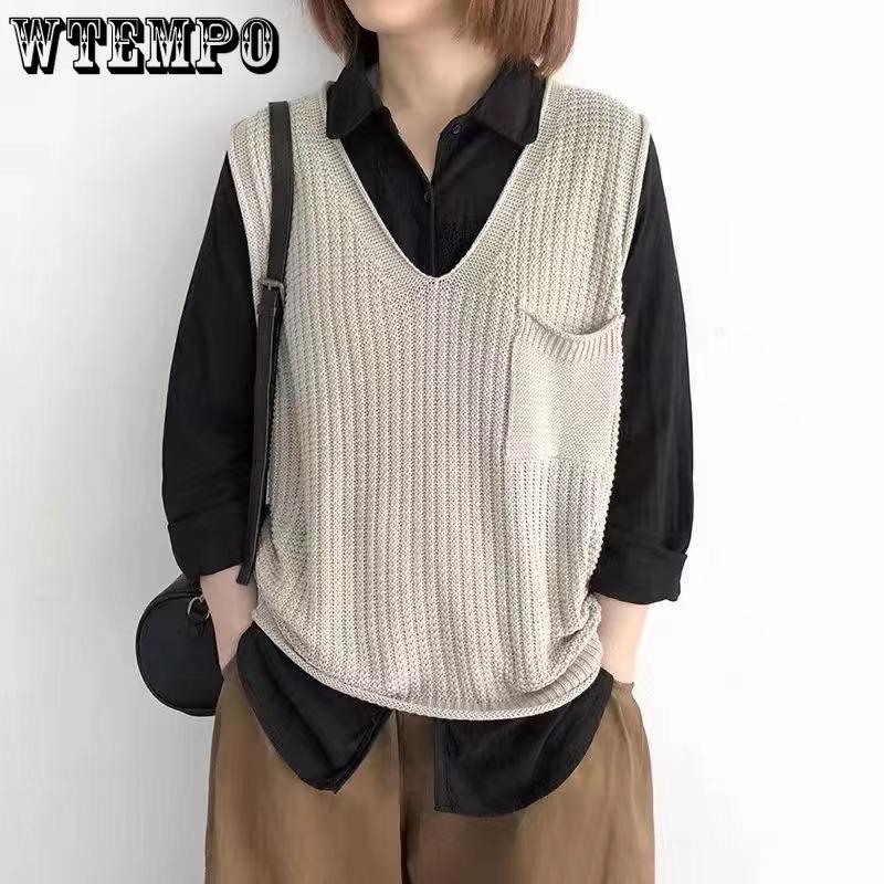 Spring and Autumn Women's Solid Color V-neck Artistic Knitted Vest Plus Size Sweater Vest