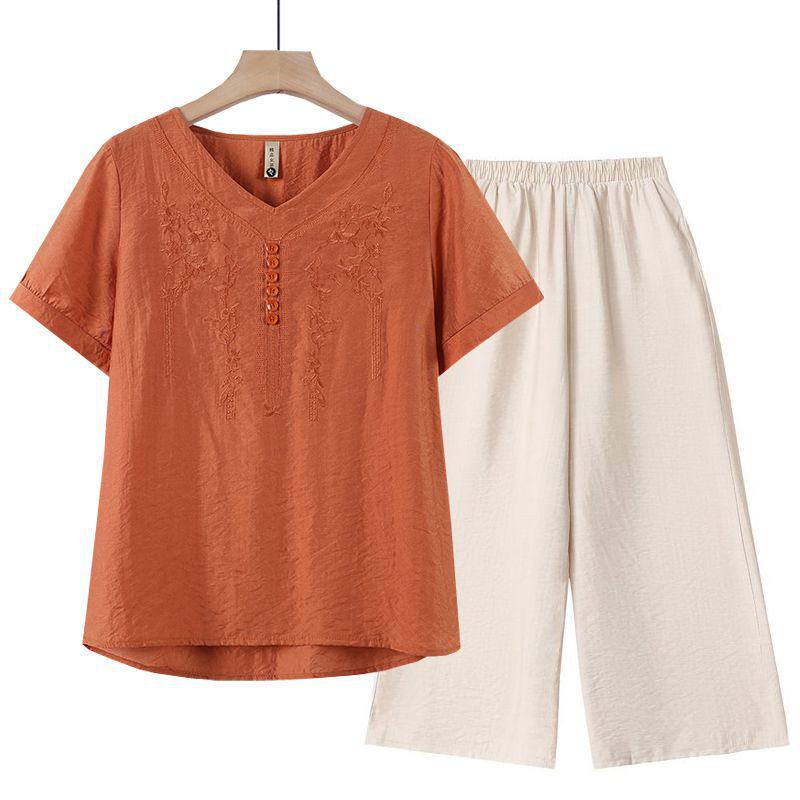 Women's Tencel Linen Embroidered Short-Sleeve T-Shirt & Pants Set - Summer Style for Middle-Aged Moms