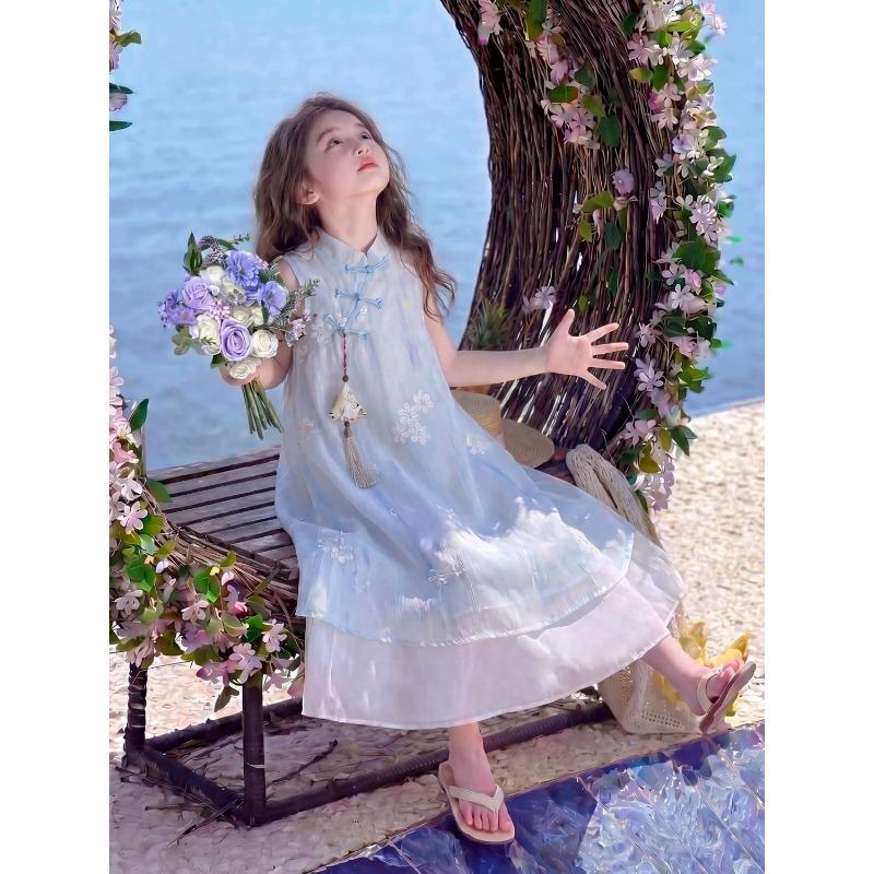 Girls' New Chinese-style Sweet Dress for Summer, Children's Princess, Chinese Style Blue Dress