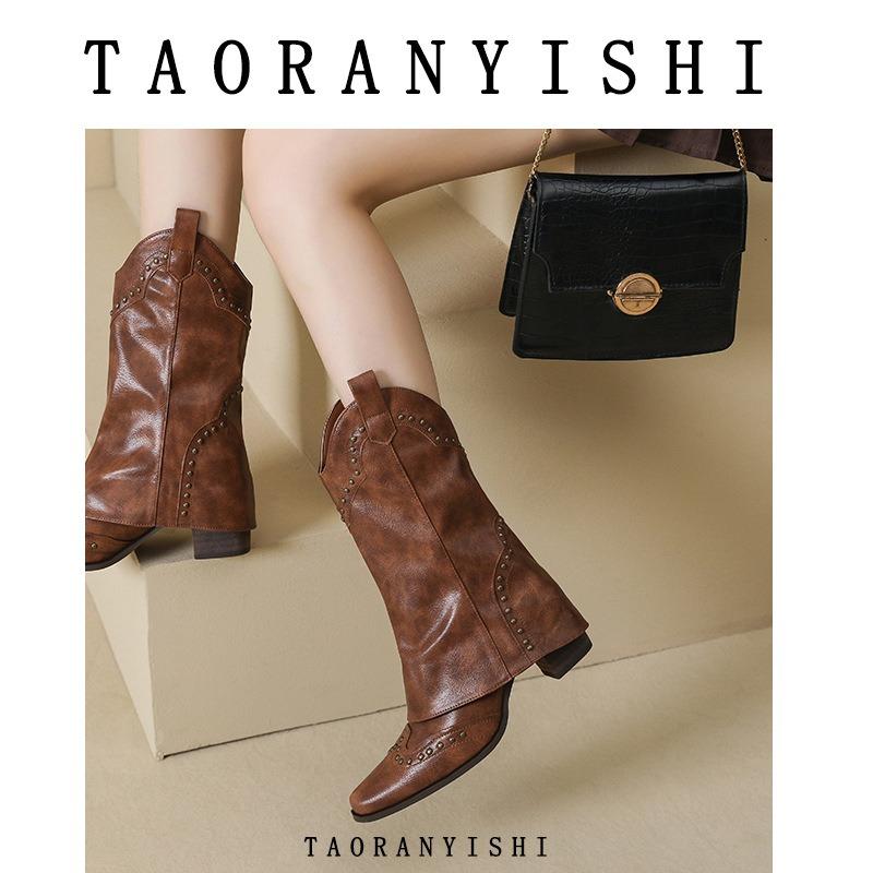 Retro Short Boots Brown Boots Fashion Western Cowboy Boots Riveted Chelsea Medium Tube Boots Women