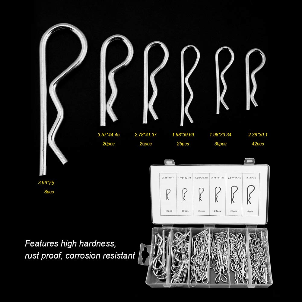 

150pcs R Cotter Pin Tractor Pin Clip Hair Assortment R Clip Key Fastener Set 6 Sizes with Plastic Box for Use on Hitch Lock System