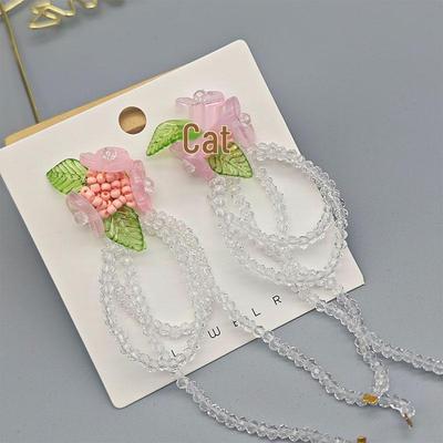 Handwoven Crystal Beaded Floral Tassel Bow Earrings – Women's Fashionable Fresh Vacation Style Jewelry