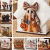 Ghost Pumpkin Centerpiece Halloween Wooden Napkin Holder, Black Cat Decorative Tabletop Tissue Retro Farmhouse Tableware Dispenser, Paper Towel Holder