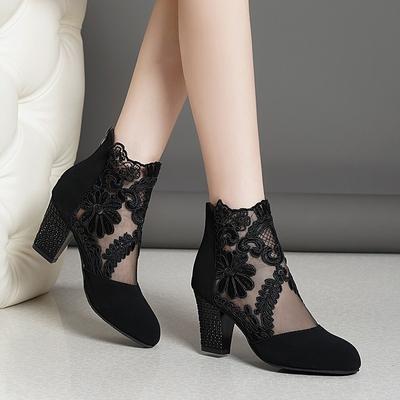 Fashion Women High Heels Lace Flower Ankle Strap Hollow Out Sandals Round Toe Zip Pumps