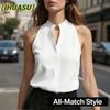 Blusas y camisas con cuello en V sin mangas con estampado de color sólido informal a la moda para mujer