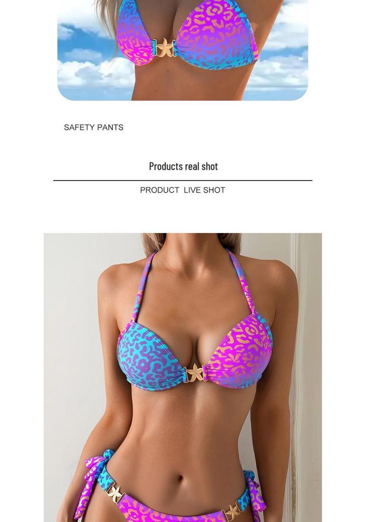 2026 Blue Gradient Leopard Halter Bikini - European & American Style Backless Swimsuit