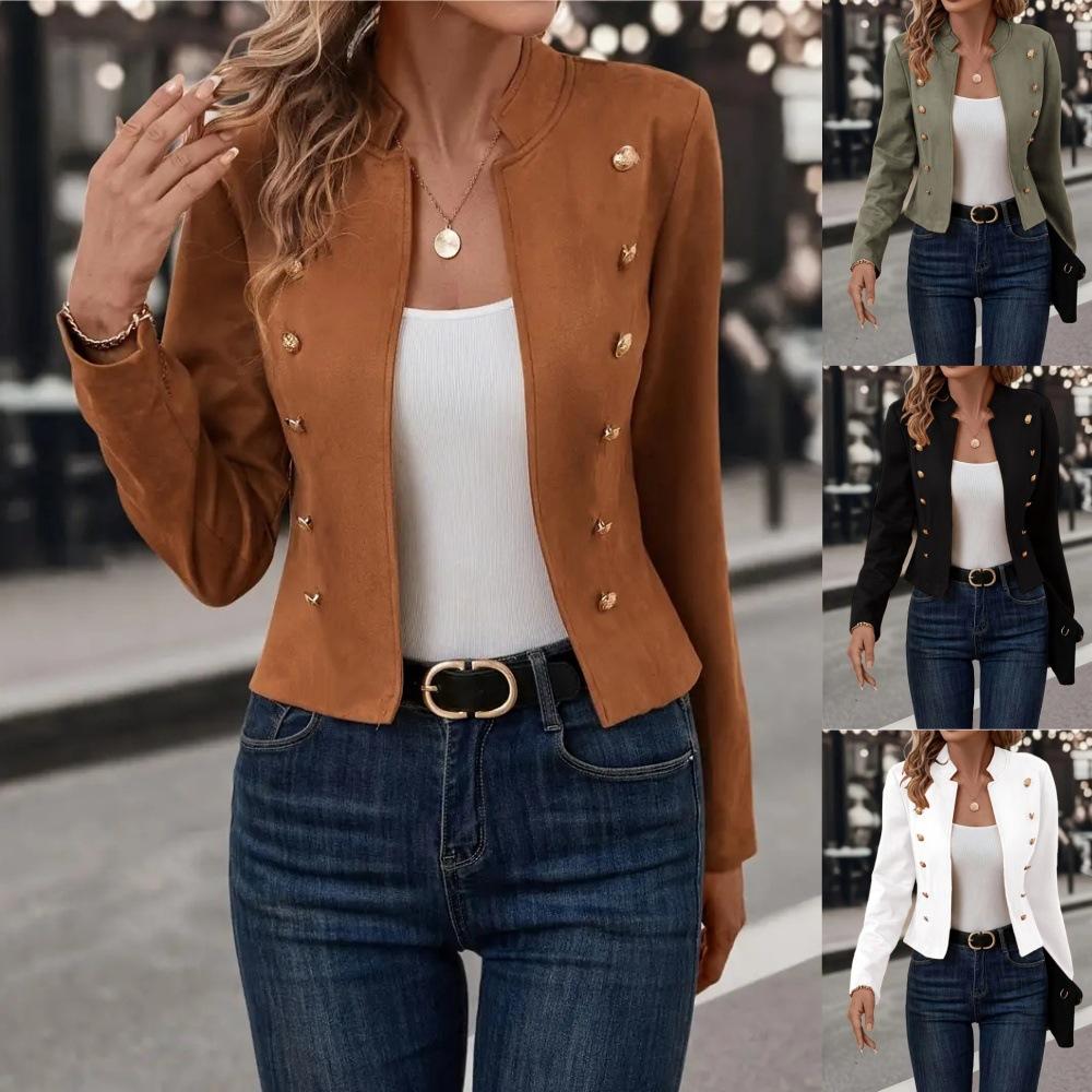 2025 Autumn and Winter Retro New Long-sleeved Jacket Solid Color Simple and Slimming Versatile Double-breasted Small Suit Coats