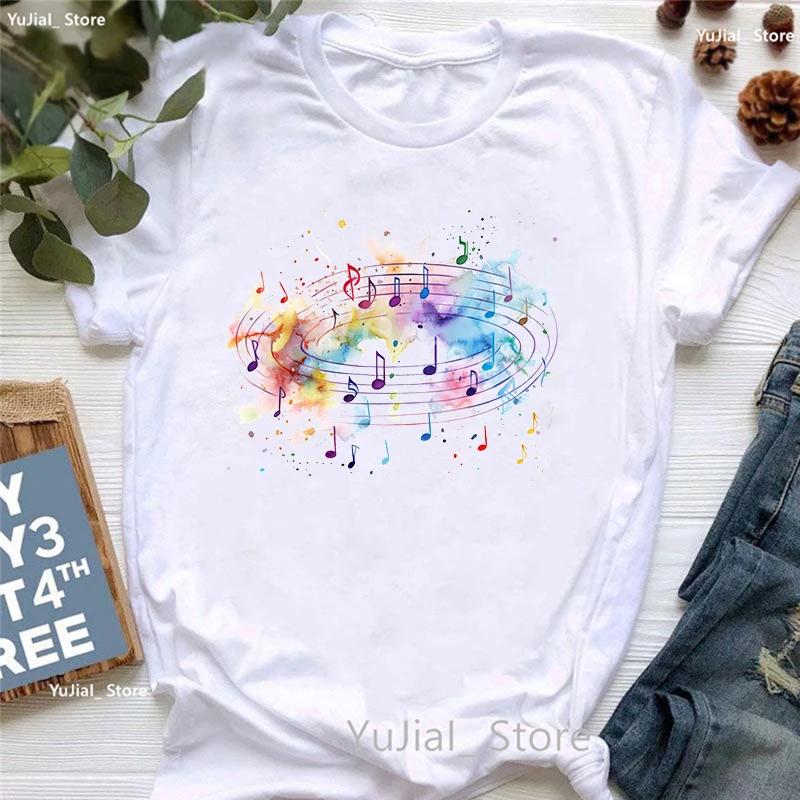 Watercolor Music Note Flowers Print T Shirt Girls Summer Fashion Tshirt Womem Hip Hop Tshirt Femme Harajuku Shirt Streetwear