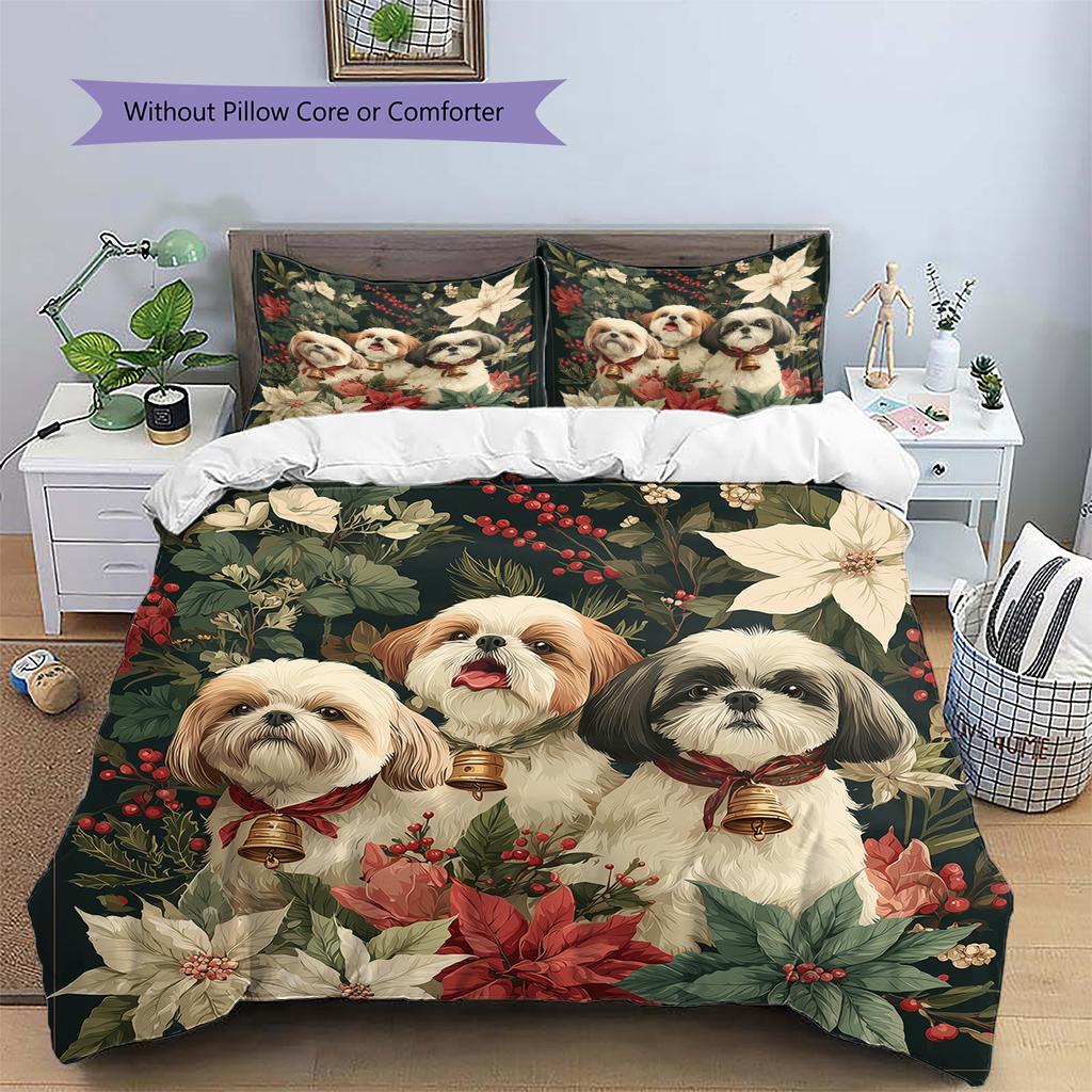Three Bell-adorned Cats and Dogs Pattern Bedding Quilt Set Home Decoration Gift (1 * duvet cover + 2 * pillowcase, without core)