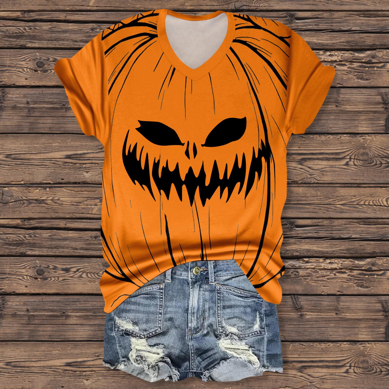

Women s Fashion Casual Three-quarter Sleeve Halloween Letters, Face Print Top M помаранчевий