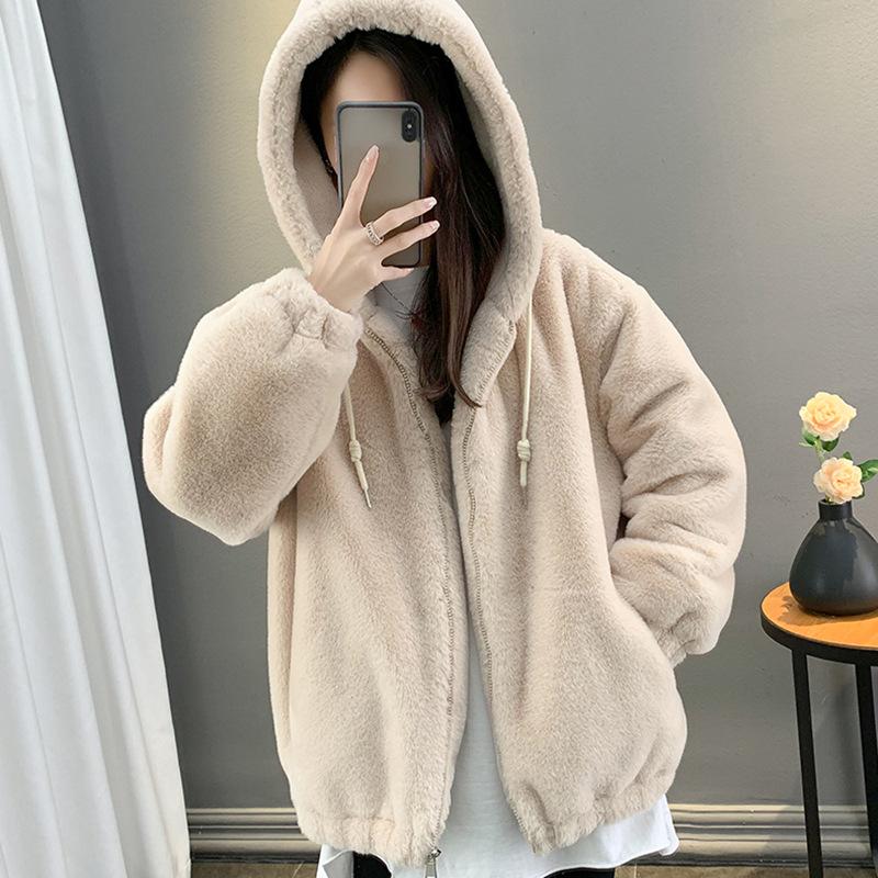 2026 Autumn and Winter New Women's Clothing Imitation Lazy Rabbit Fur Women's Medium and Long Loose Thickened Lamb Wool Coat Hooded Wool Plush Coat