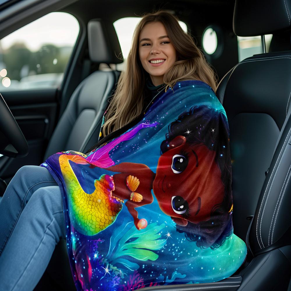 Cute African American mermaid princess rainbow tail flannel blanket fantasy underwater scene childrens bedding soft throwblanket