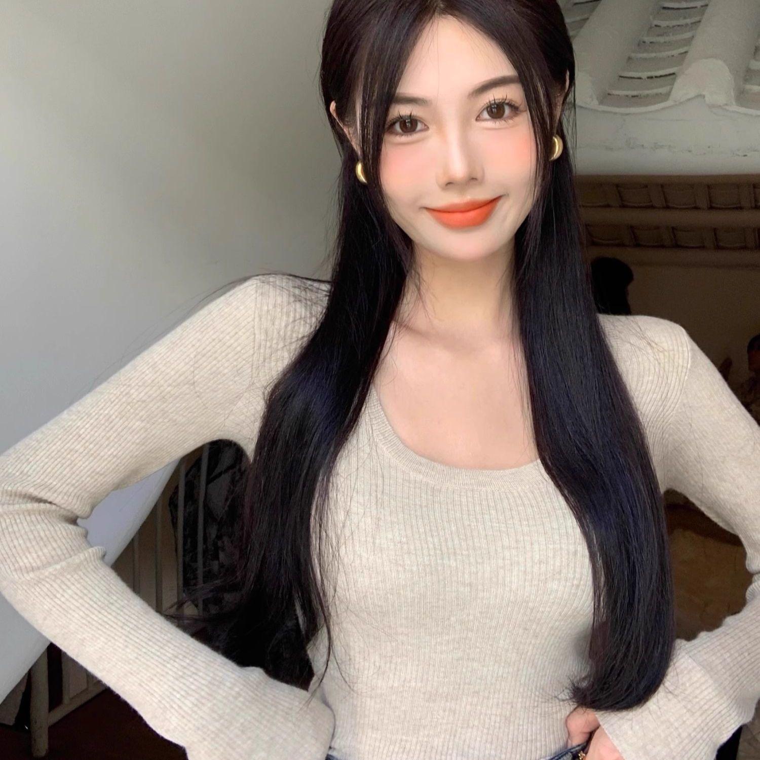 

2024 Корейский стиль Приталенный Вязаный свитер с U-образным вырезом и длинными рукавами для женщин - Модный базовый топ на начало осени Small