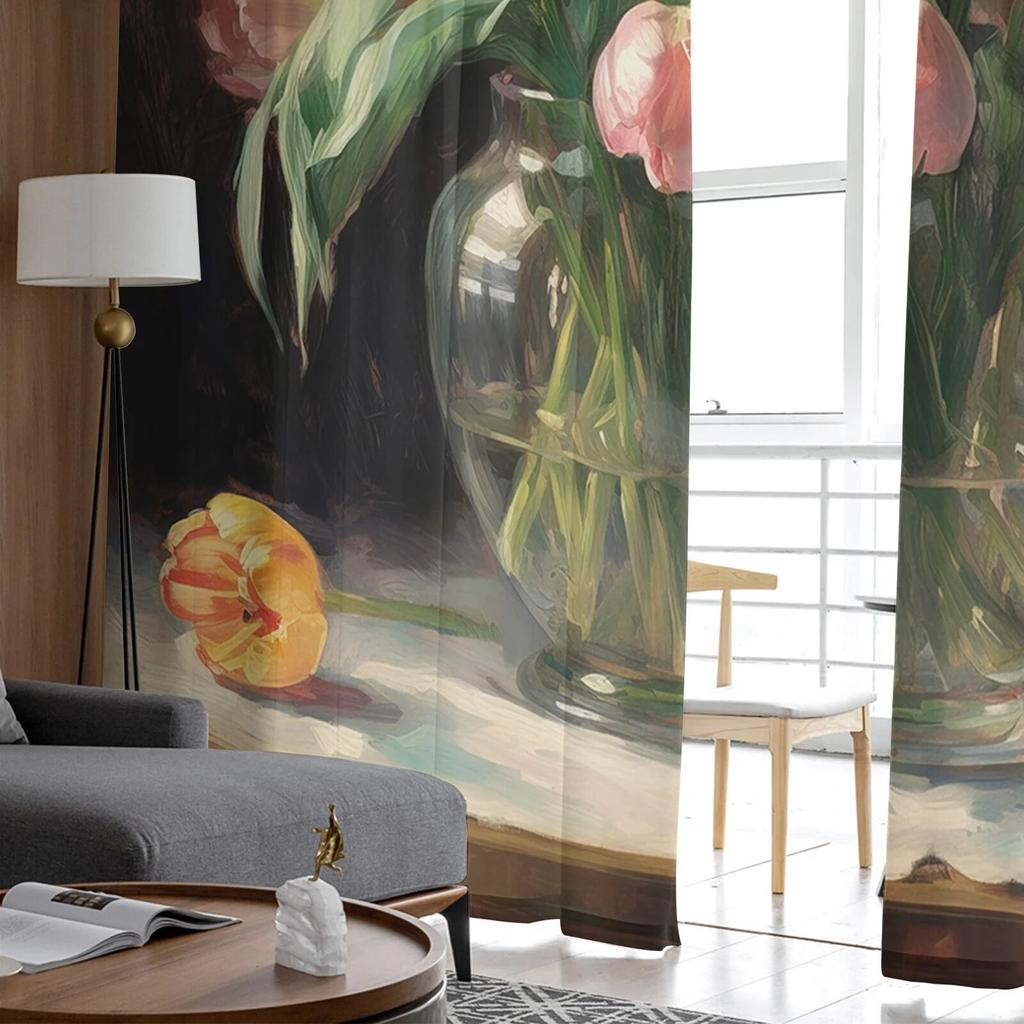 Ölgemälde von Blumenknospen und Blättern, Fenstervorhänge für Wohnzimmer, Schlafzimmer, Küche, Chiffon, durchsichtige Fensterbehandlung