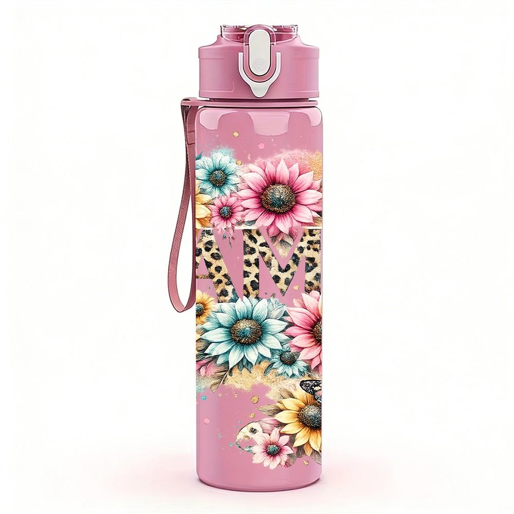 1PC Sunflower Boho Floral Lettering 750ml Color Plastic Sports Water Bottle Leakproof Flip Straw Lid Suitable for Sports Office Home Use