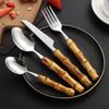 Long Handle Serving Spoon Fork Stainless Steel Gold Silver Bamboo Wooden Salad Spork Dessert Salad Spoon Tableware Set Kitchen