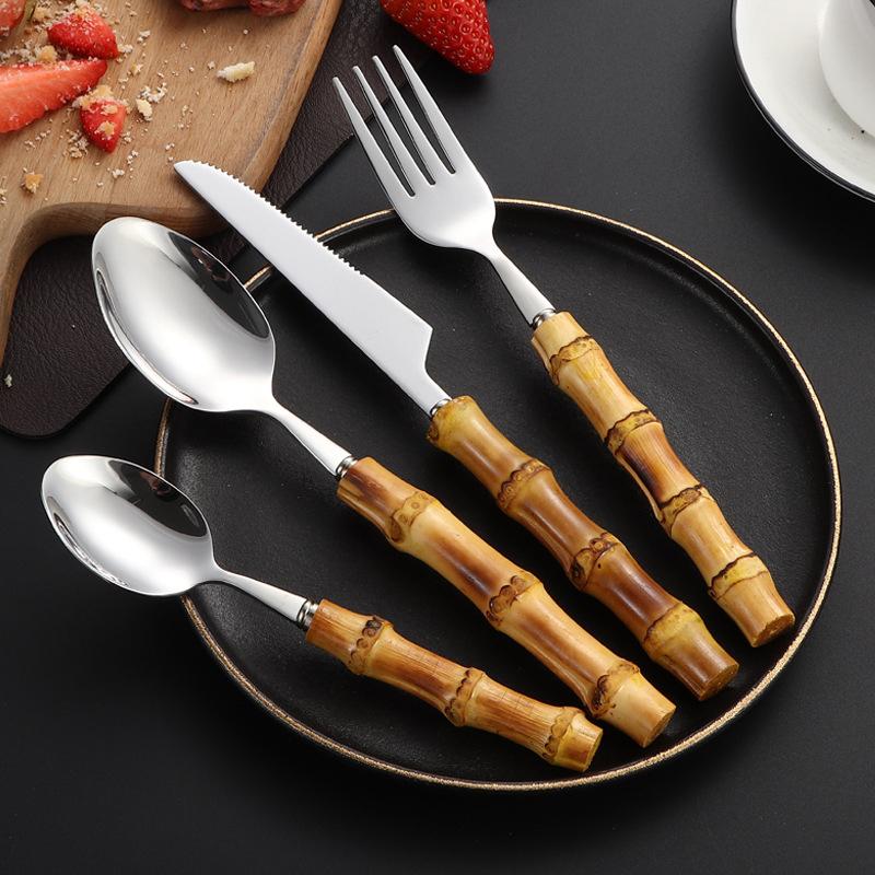 Long Handle Serving Spoon Fork Stainless Steel Gold Silver Bamboo Wooden Salad Spork Dessert Salad Spoon Tableware Set Kitchen
