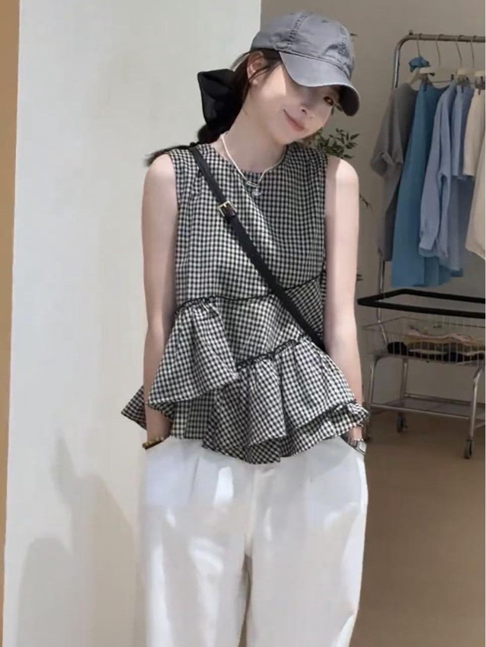 

Женский топ-бэбидолл без рукавов с оборками и нерегулярным клетчатым принтом, 2025 Large