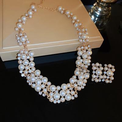 3Pcs  Pearl Rectangular Earrings Necklace Set Vintage Choker Accessory Light Luxury Jewelry Sets Wedding Accessories