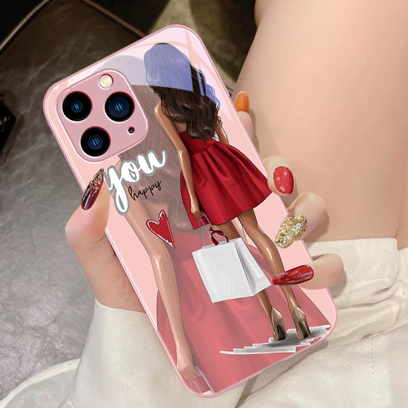 Shopping Cartoon Girl For IPhone 15 Pro 14 13 12 Mini 11 XS Max XR 7 8 Plu SE 2020 2022 Tempered Glass Phone Case