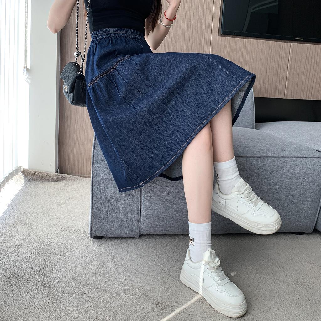 DIMANAF 2025 Übergröße Sommer Denim Röcke Damen Locker Elastisch Mode A-Linie Jeansrock Hohe Taille Maxi