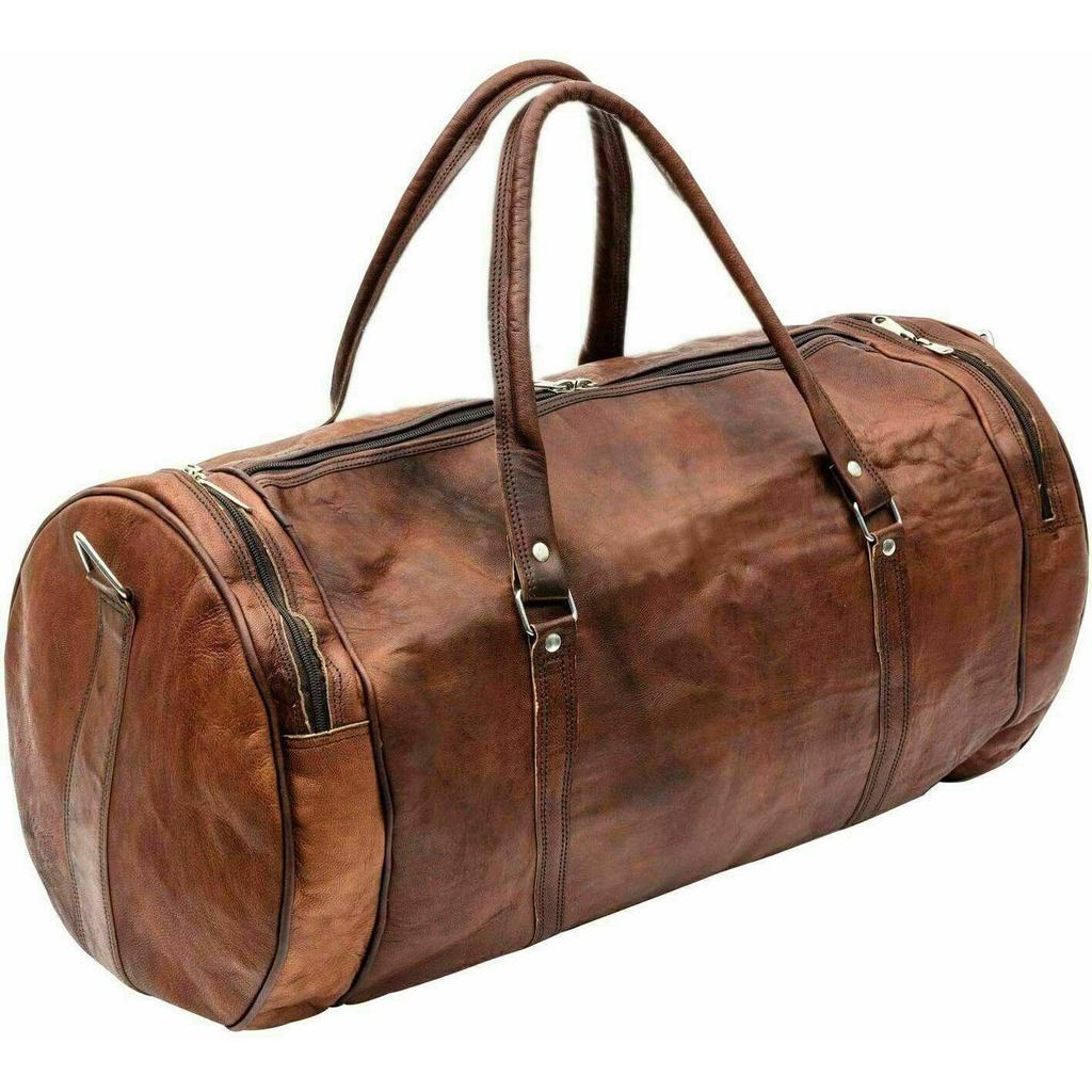 Geantă de călătorie rotundă din piele de capră lucrată manual pentru bărbați, maro, pentru sport de gimnastică de weekend