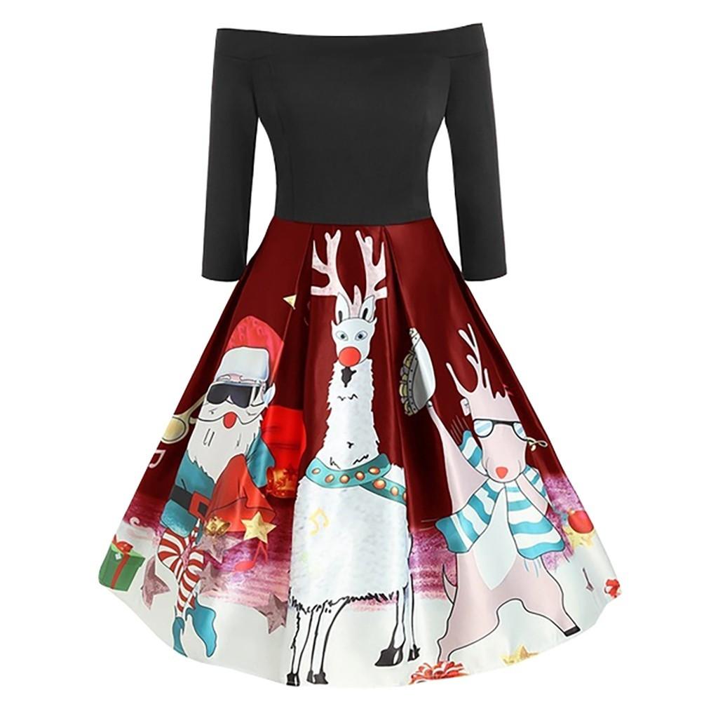 Christmas Women Off Shoulder Print Vintage Evening Party Dress Flare Dress